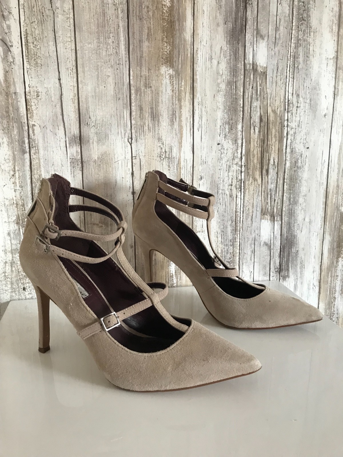 BCBGeneration Beige Nude Suede Multi Strap Heels … - image 2