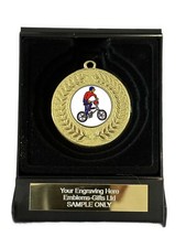 BMX Bike Award 50mm Gold Contour Medal in Box (E) Engraved Free