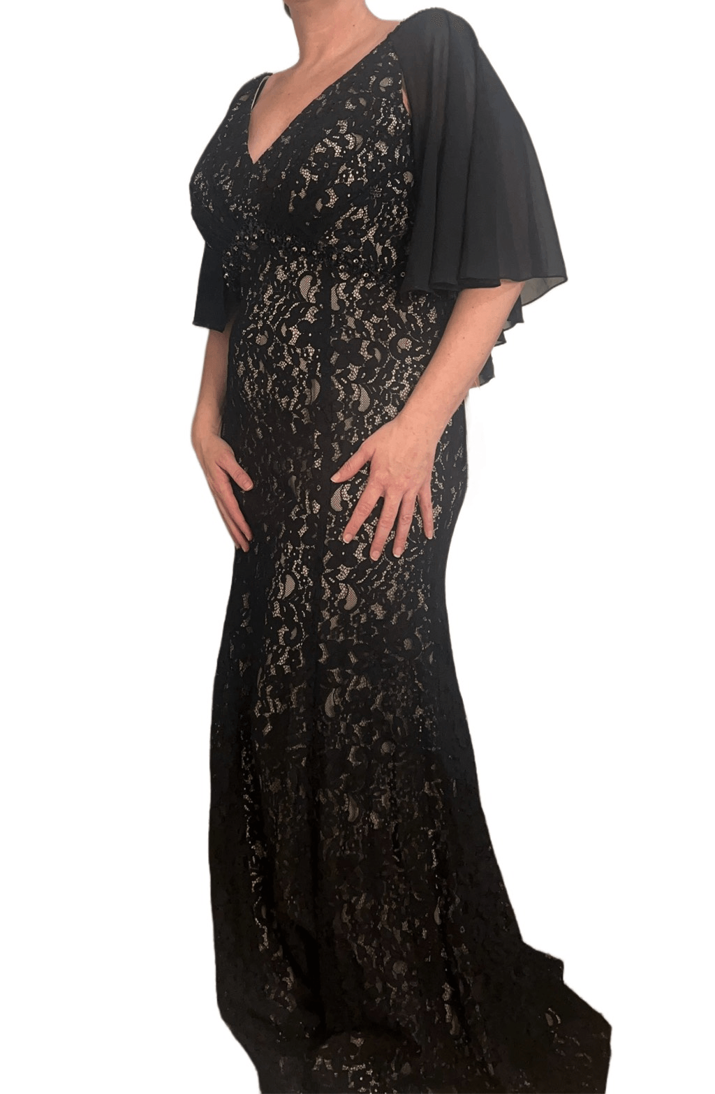 Amelia Couture Black lace formal dress, chiffon capelet, nude underlayer size 18