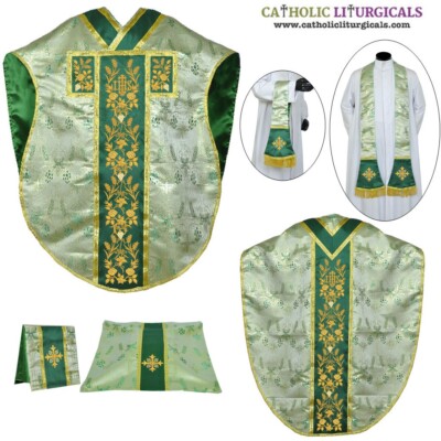 Metallic Green Chasuble St. Philip Neri Style vestment mass set, IHS Embroidery