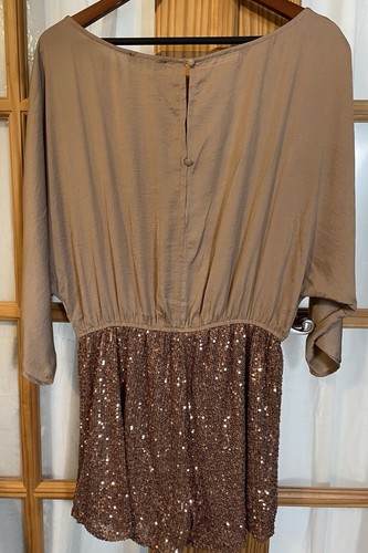 Dress Day Women’s Sequined Romper Sz L Beige Bronze Dolman Sleeves Glittery - Picture 4 of 14