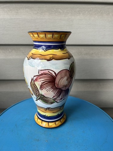 Vintage Portugal Pottery Floral Hand Painted Ceramic Vase Alcaida 8" See Notes