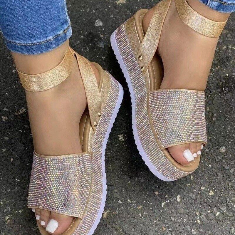 PANTOFOLA D’ORO Sandali con zeppa strass alla moda tacco alto plateau scarpe sandali punta aperta