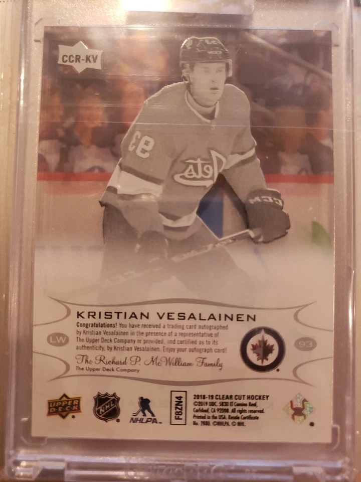 2018-19 Clear Cut Rookie Card - Kristian Vesalainen Winnipeg Jets - Autographed - Image 2 of 2