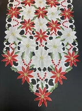 Christmas Holiday Poinsettia Embroidered Cutwork Table Runner 14” x 68”