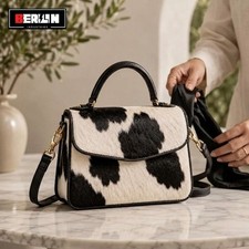 Black and White Cowhide Leather Handbag for Women, Genuine Hair-On-Hide Purse