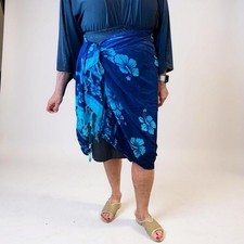 Hawaiian Sarong Beach Pool Wrap Bathing Suit Coverup Blue Print Fringe