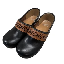Dansko Leather Paven Clogs Shoes Black & Brown Cutout Details Comfortable 40