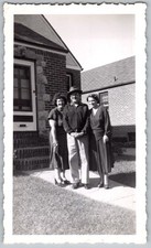 Vtg B&W Snapshot Three People Man Hat Two Women Brick House Sidewalk 1940s