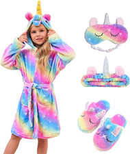 Conjunto de bata con capucha de unicornio suave de vellón pantuflas diadema venda para los ojos para niñas