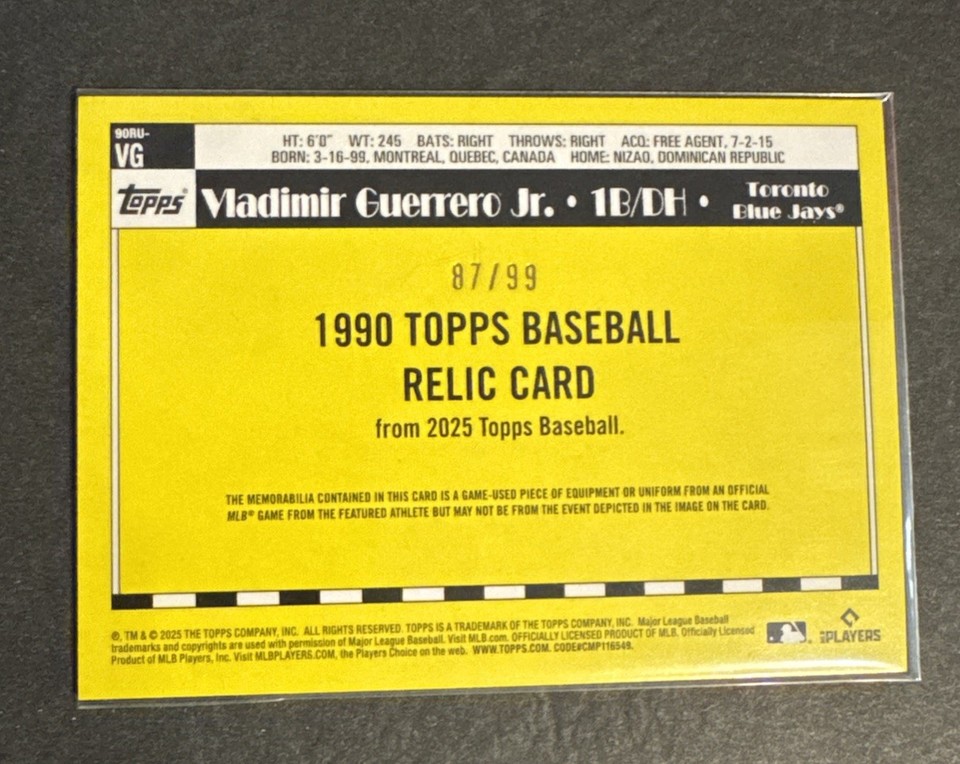 2025 Topps Update Vladimir Guerrero Jr. 1990 Relic Green /99 #90RU-VG ...