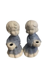 New Vintage Blue & White Porcelain Boy and Girl Figurine Candle Holder Pair  4”