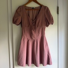American Eagle Pink Corduroy Puff Sleeve Mini Dress Smocked Back XS Pocket Rose