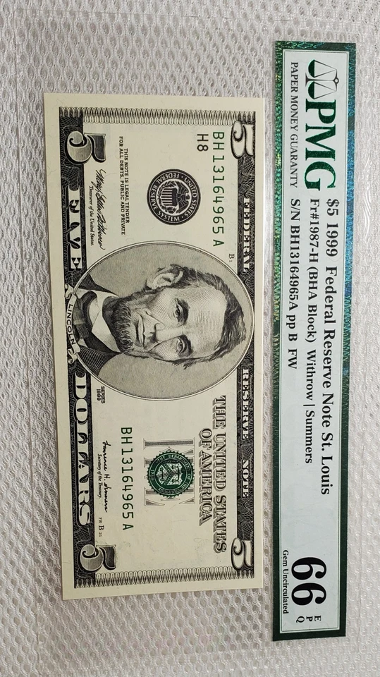 1999 $5 Federal Reserve Note St Louis, MO PMG Gem Uncirculated 66 EPQ - Image 4 of 4