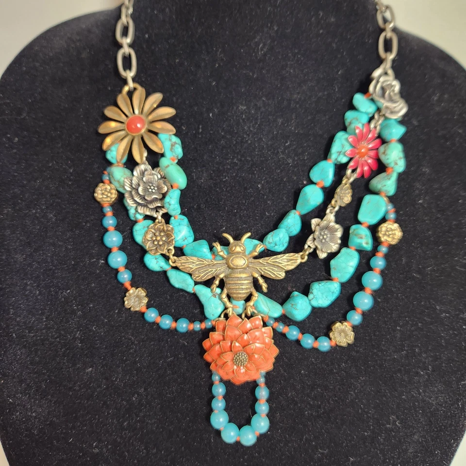 De colección Boho Lucky Brand Turquesa Latón Abeja Capas Grueso Esmaltado Flor Collar