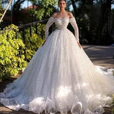 Elegant A Line Bridal Gowns Boat Neck Long Sleeve Sequins Wedding Dresses Train