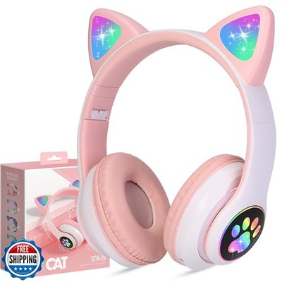 TCJJ Kids Wireless Headphones - Cat Ear LED Light Up, Bluetooth 5.4, Safe Vol