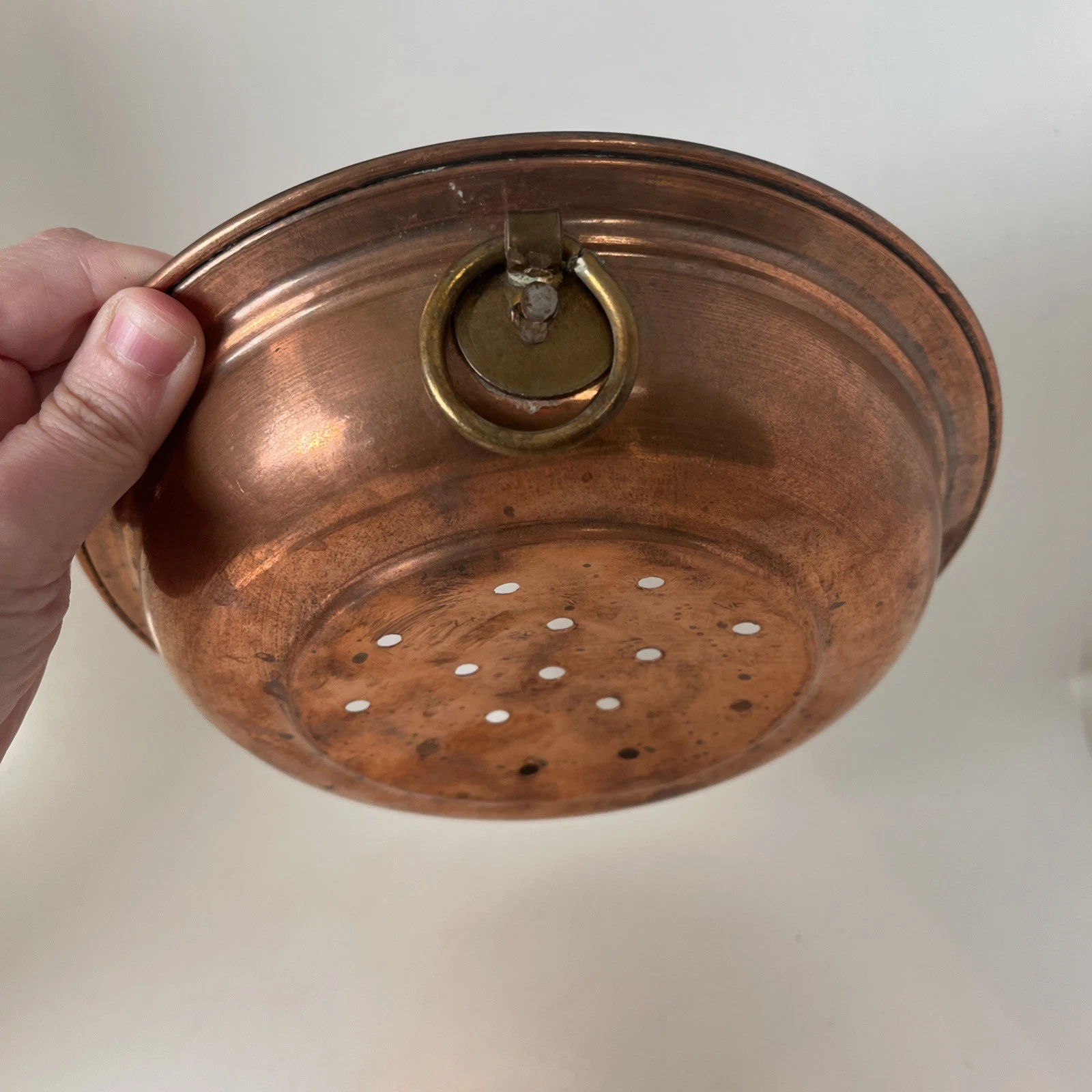 Copper Colander Sieve 8” Strainer Hanging Hook Rustic Farmhouse Patina Antique