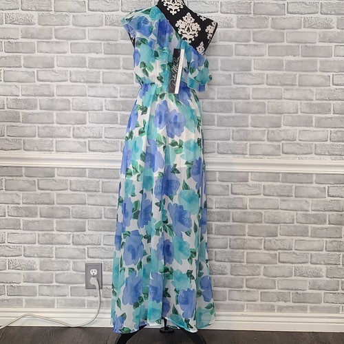 Maxi Vestido Dalia MacPhee Un Hombro Floral Gasa Talla Med Nuevo con Etiquetas Azul Forrado - Imagen 3 de 9