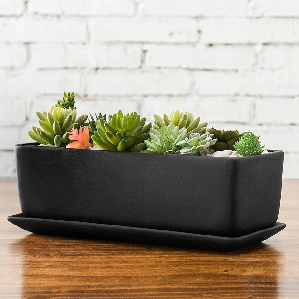 MyGift 14-Inch Rectangular Modern Ceramic Succulent Planter Pot, Matte Black - Image 3 of 4