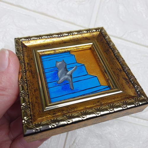 Graue Katze Gemälde Gerahmt Original Kunst Lustiges Kätzchen Handarbeit Kunst Mini Gemälde - Bild 4 von 11