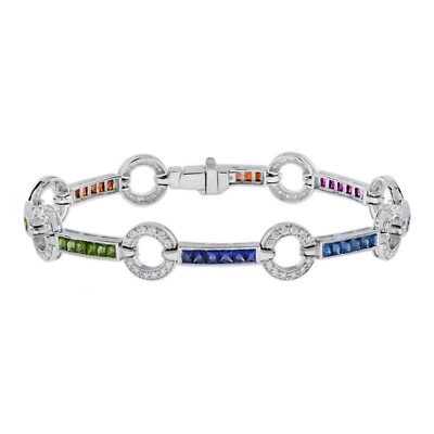 18K White Gold Natural Diamond Rainbow Sapphire Donut Link Bracelet
