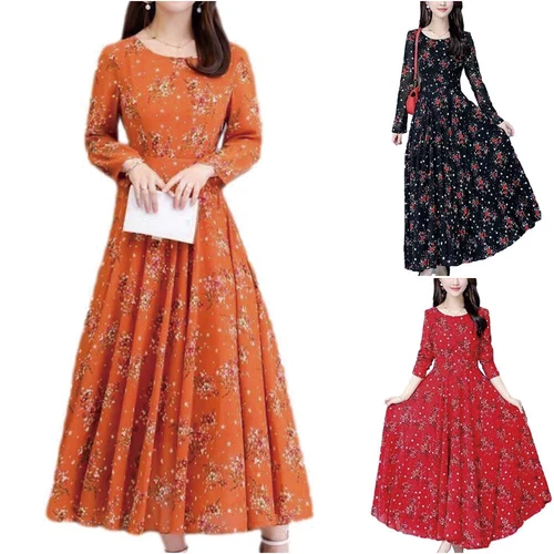Womens Long Sleeve Floral A-Line Flare Tea Dress Night Long Swing Maxi Dresses