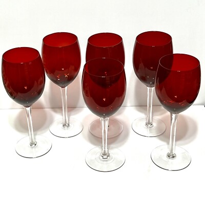 Unmarked Set of 6 Ruby Red Wine Drink Glasses Clear Stem 8.75''h 3'' Rim  4.5''Stem