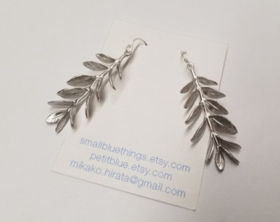 ''Keep Growing''  Long Stem Leaf Branch Matte Sterling Silver Drop Earrings