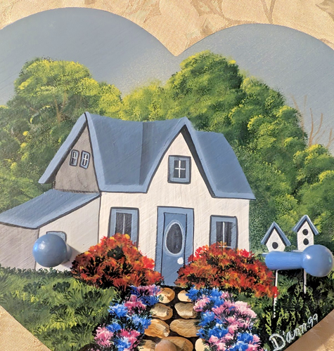 Vtg 3 Peg Wooden Wall Heart Tole Painted With Cottage Bird Houses Signed - Picture 2 of 8