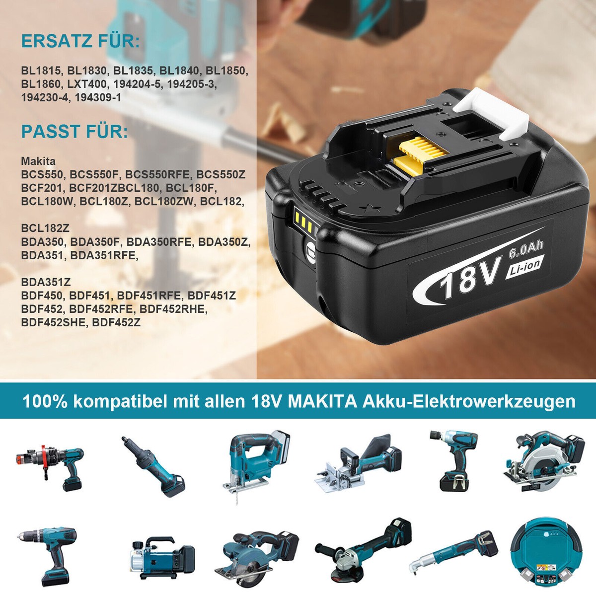 VANTTECH 5,0Ah Akku Für Makita 18V - Li-Ion Ersatz Mit LED-Anzeige Für BL1850 Serie