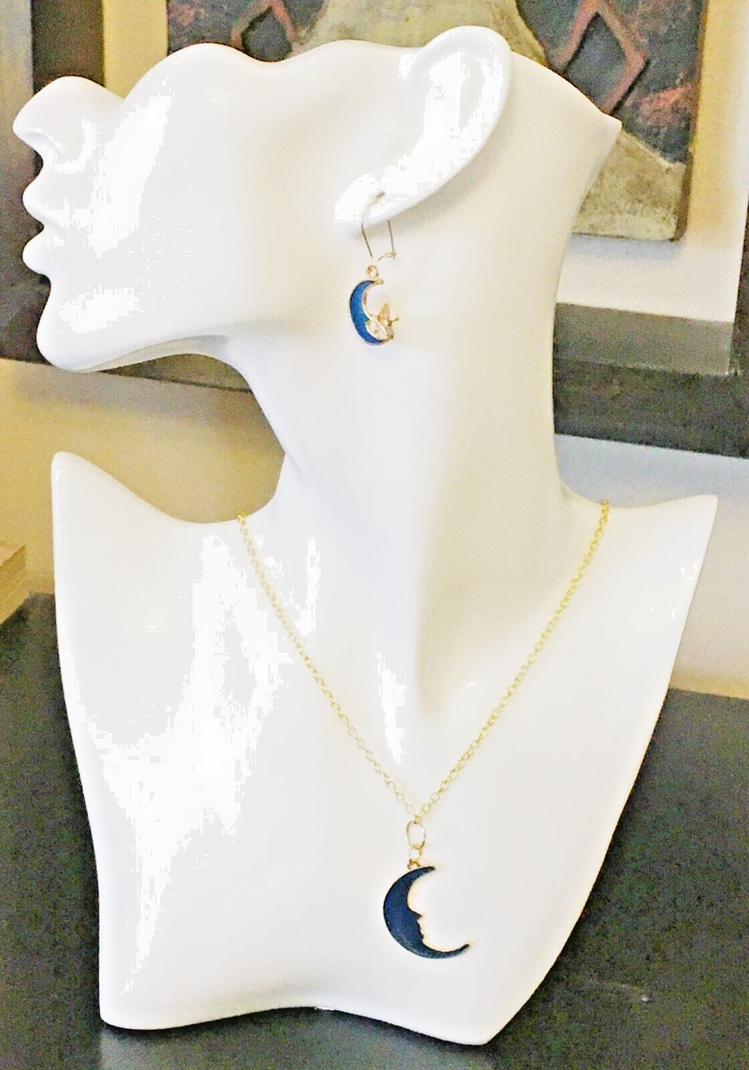 Blue Half Moon Handcrafted Necklace Earrings Set In Gold Tone