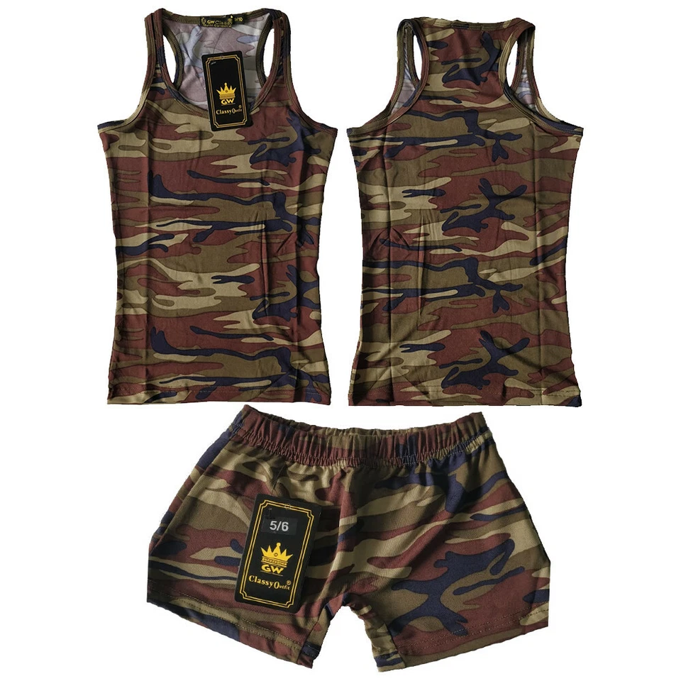 GW CLASSYOUTFIT Girls kids T-Shirts & Shorts Set Army Camouflage vest tops hot pants Racer Back
