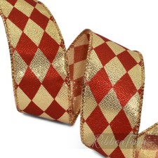 Red Gold Jester Harlequin Diamond Christmas Wired Ribbon 1.5"W x 10 Yards