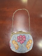 VINTAGE HAND MICRO BEADED 1900 s GLASS BEADS FLAPPER WRISTLET BAG FRINGE FLORAL