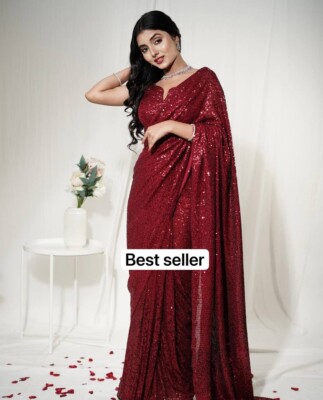 New Attractive Maroon Georgette Saree With Blouse For Bollywood Party
