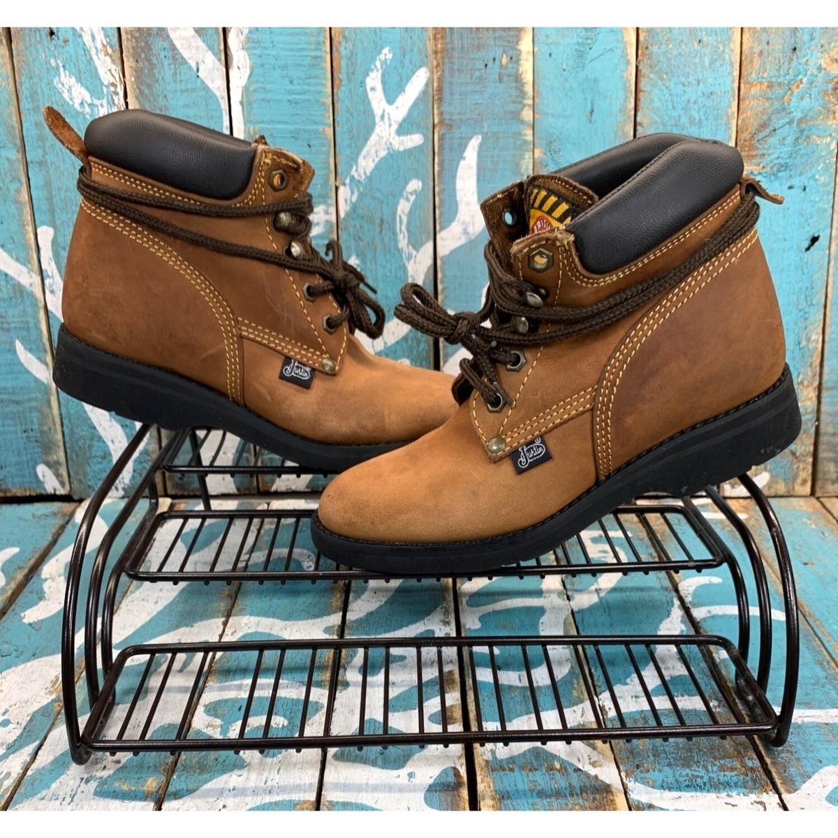 Justin Juniors Boys Western Work Boots Child Size 2D Brown Leather Lace Up