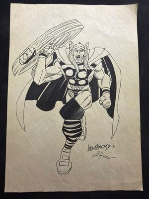 JOHN ROMITA drawing and painting on old paper signed stamped vintage