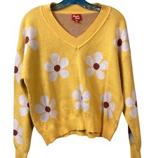 Sweater Land Yellow Daisy Flower V Neck Knit Sweater Top M L Girlhoodcore Fun