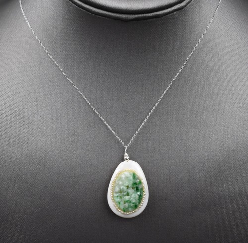 Sterling Silver 925 Mother of Pearl Pendant Carved Jadeite Jade & Pearl 18" 1.2g - Picture 2 of 13