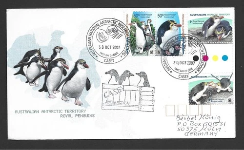 Australia Antarctic AAT 2007 Royal Penguins 50c Pair $1 Gutter Pair on Casey FDC