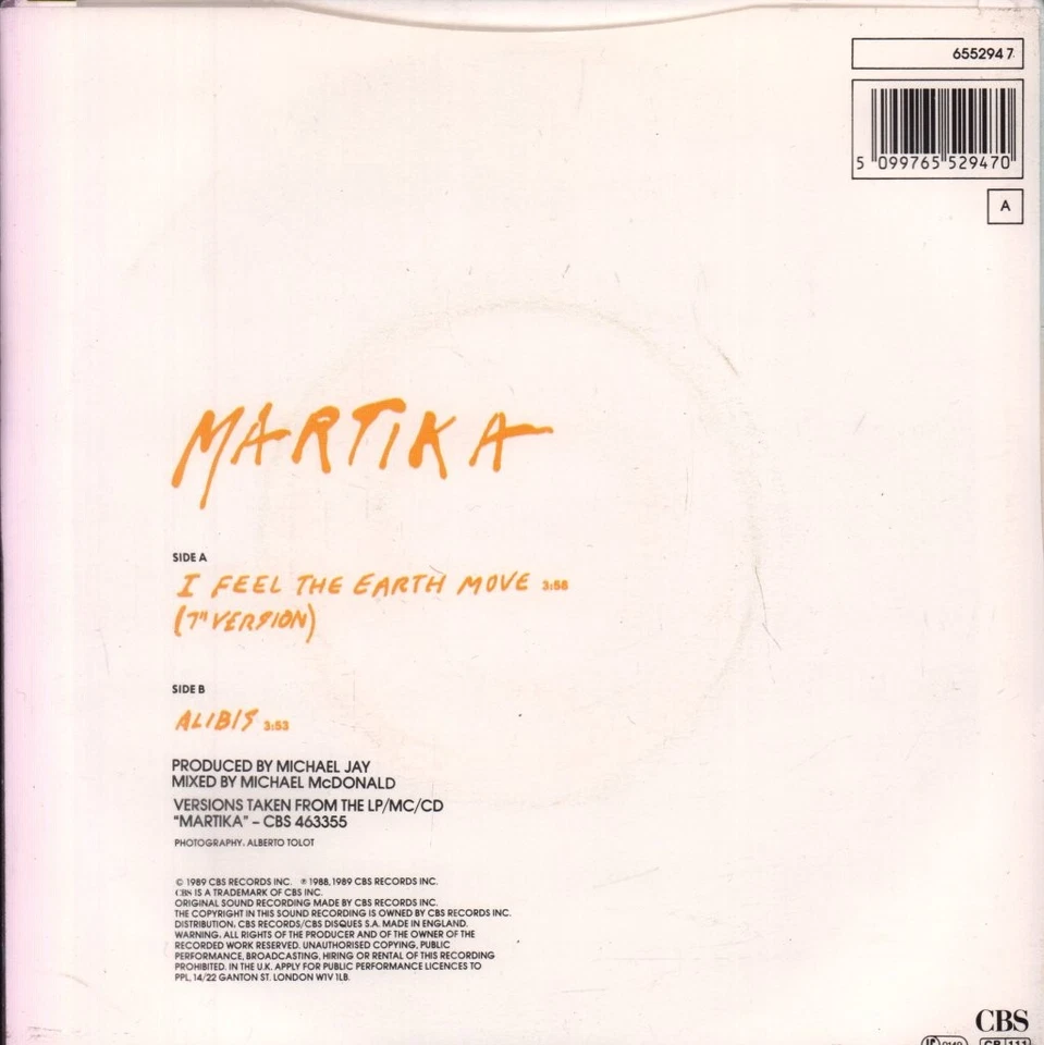 Martika I Feel the Earth Move 7" vinyl UK Cbs 1989 pic sleeve 6552947 - Image 2 of 3