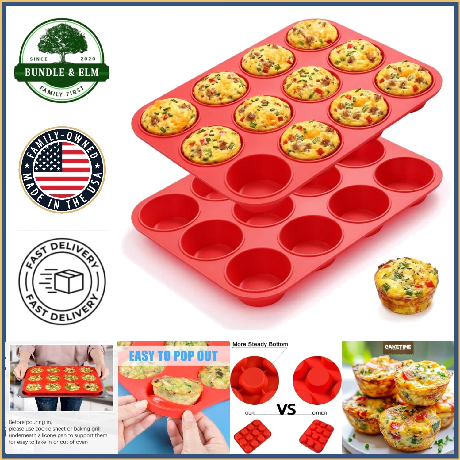 Flexible 12-Cup Muffin Pans, Dishwasher Safe Silicone for Effortless Cleanup