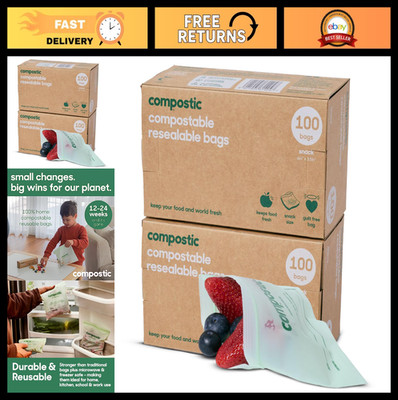 Compostic Home Compostable Resealable Snack Bags, Microwave & Freezer Safe