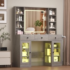 Vanity Desk with Mirror and Lights White Makeup Vanity with Glass Top Drawers