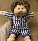 VTG 1980s Cabbage Patch Kids Boy Doll Brown Hair Blue Eyes Blue & White PJS