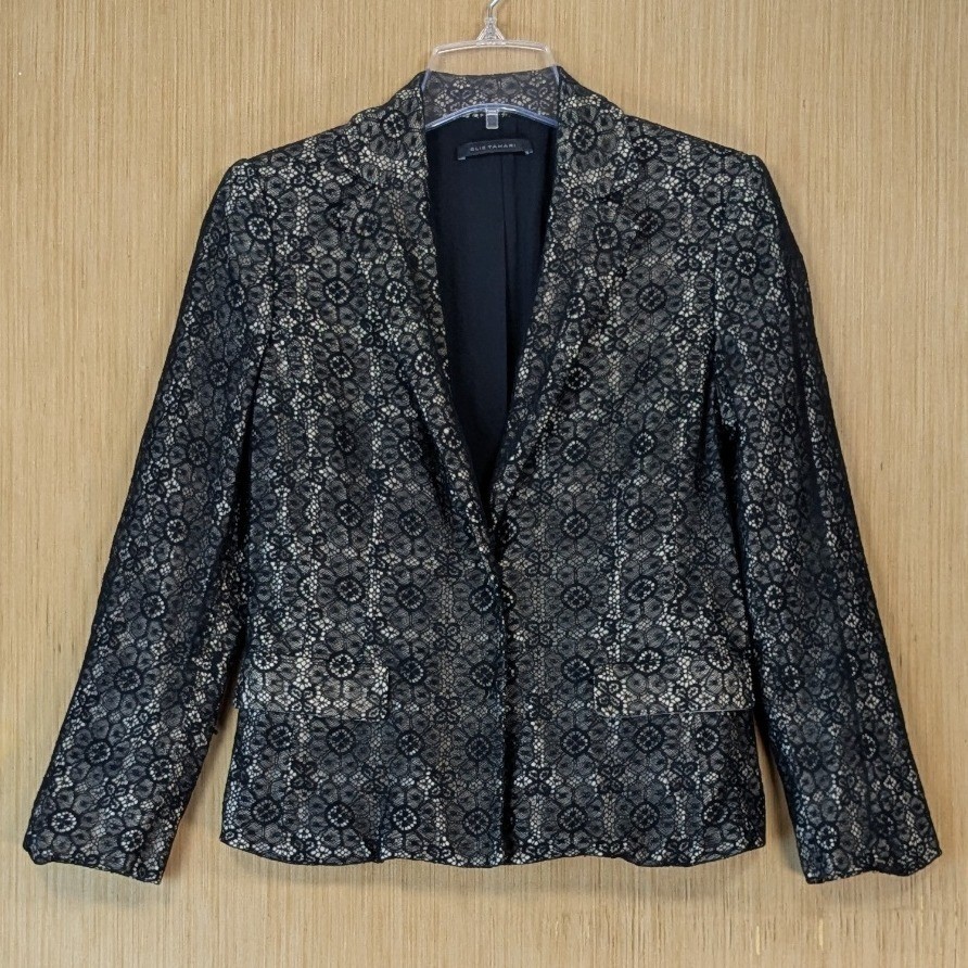 Elie Tahari Blazer Jacket Womens 8 Black Floral Lace Chic Designer 