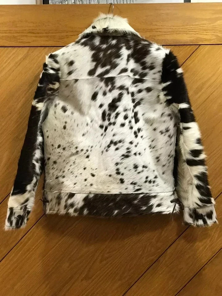 Chaqueta de cuero de vaca genuino para mujer abrigo con estampado de animales piel de pony con pelo real Foto 2 de 3