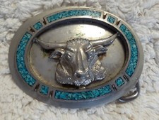 Vtg Silver Tone Bull Head Horns Turquoise Inlay Belt Buckle Unmarked