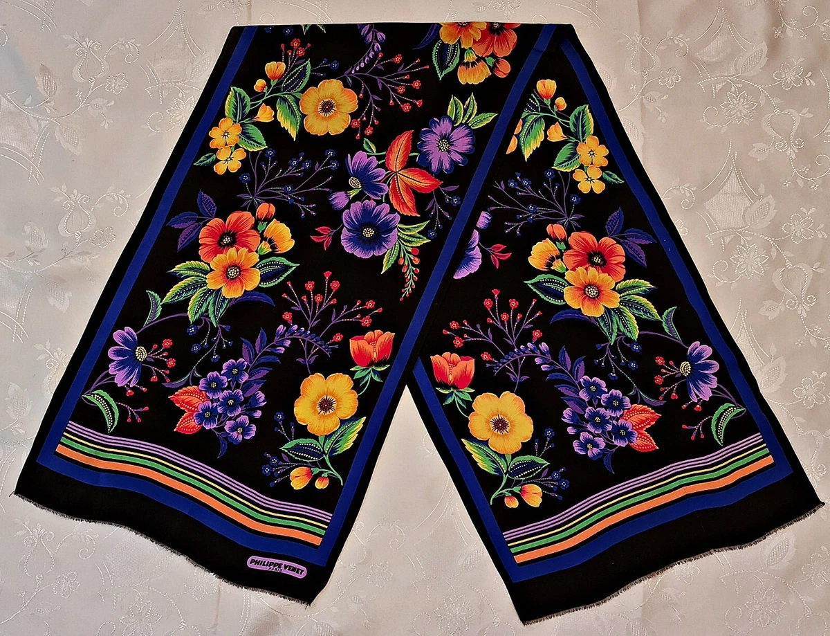SCARF VINTAGE AUTHENTIC PHILIPPE VENET PARIS FLORAL ART BLACK SILK LONG |  eBay